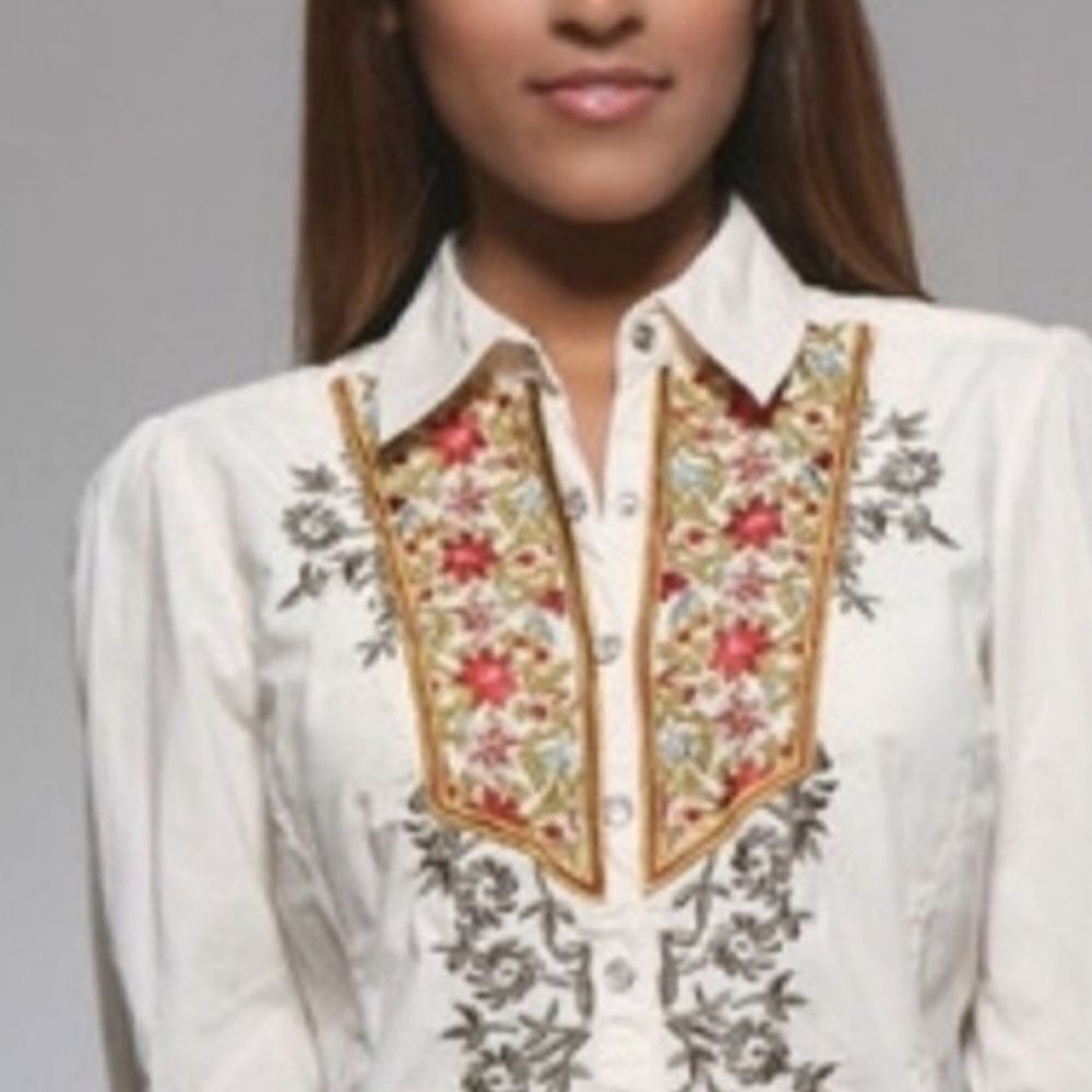 Johnny Was folk rose embroidered snap blouse